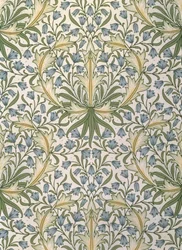 Tapet med små blå blomster i stort grønt løv, formgivet af William Morris (1834-96)